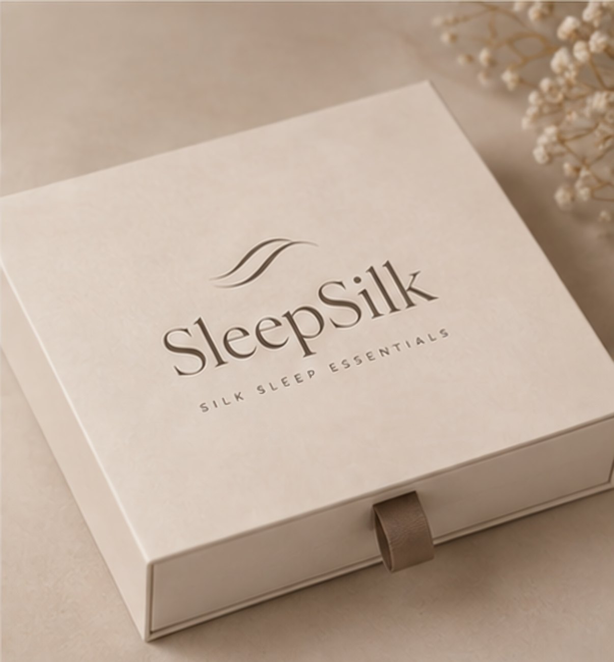 SleepSilk presentation box with a mocha ribbon pull.