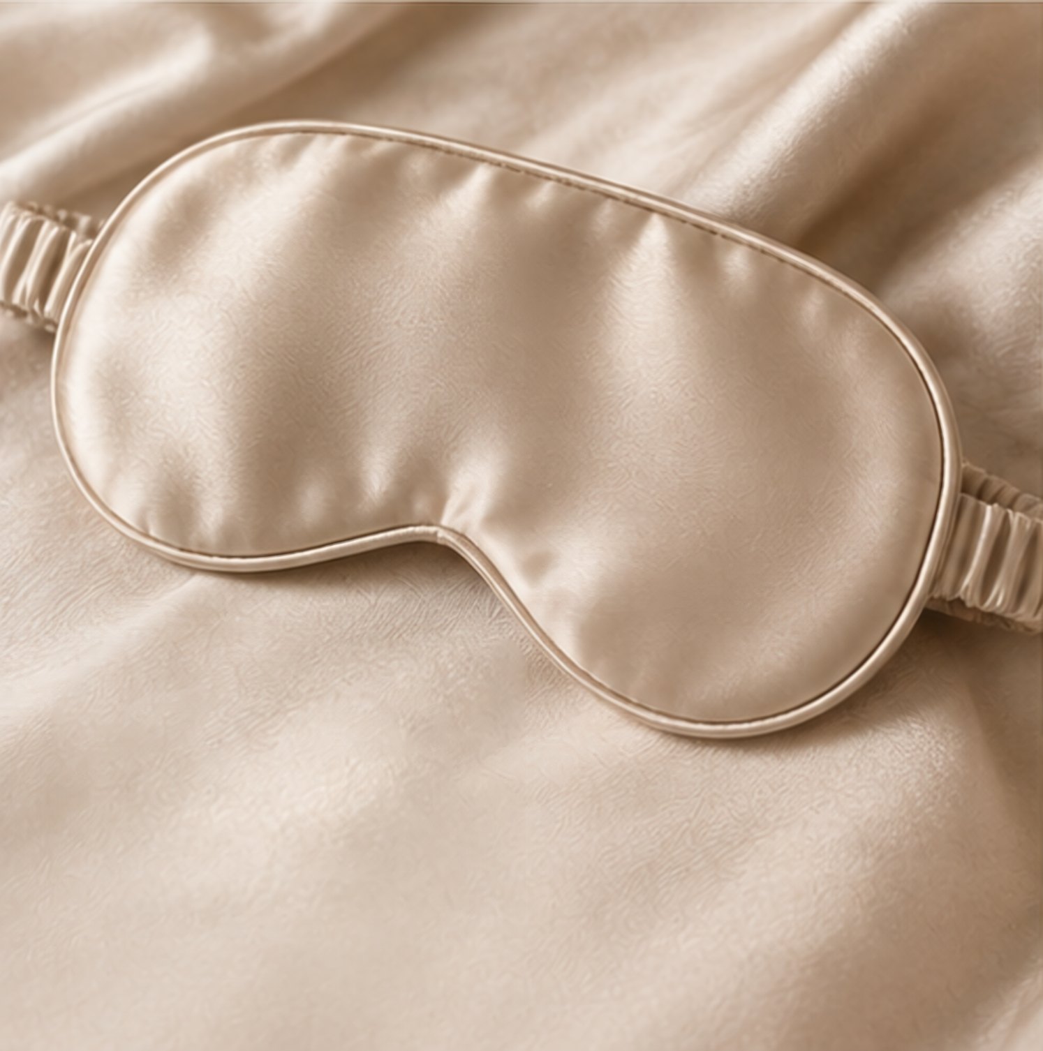 Champagne silk sleep mask with a gathered silk band, resting on silk.